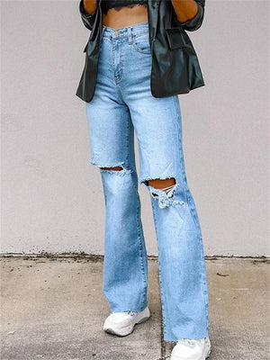 Summer Street Ripped Holes High Waist Blue Jeans for Women