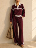 Womens Trendy Striped Patchwork Polo Top Wide Leg Pants Set