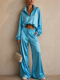 Women 2pcs Trendy Shiny Zip Up Top Wide Leg Pants Tracksuit Set