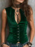 Women's Vintage V Neck Slim Fit Velvet Button Up Vest Top