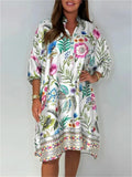 Women's V Neck Trendy Flowers Printed 3/4 Sleeve Dress