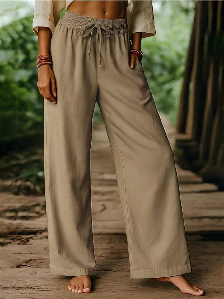 Women's Solid Color Causal Drawstring  Wide Leg Beach Pants