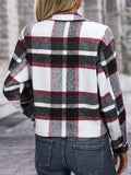 Women's Causal Contrast Color Plaid Pockets Waist Length Coat