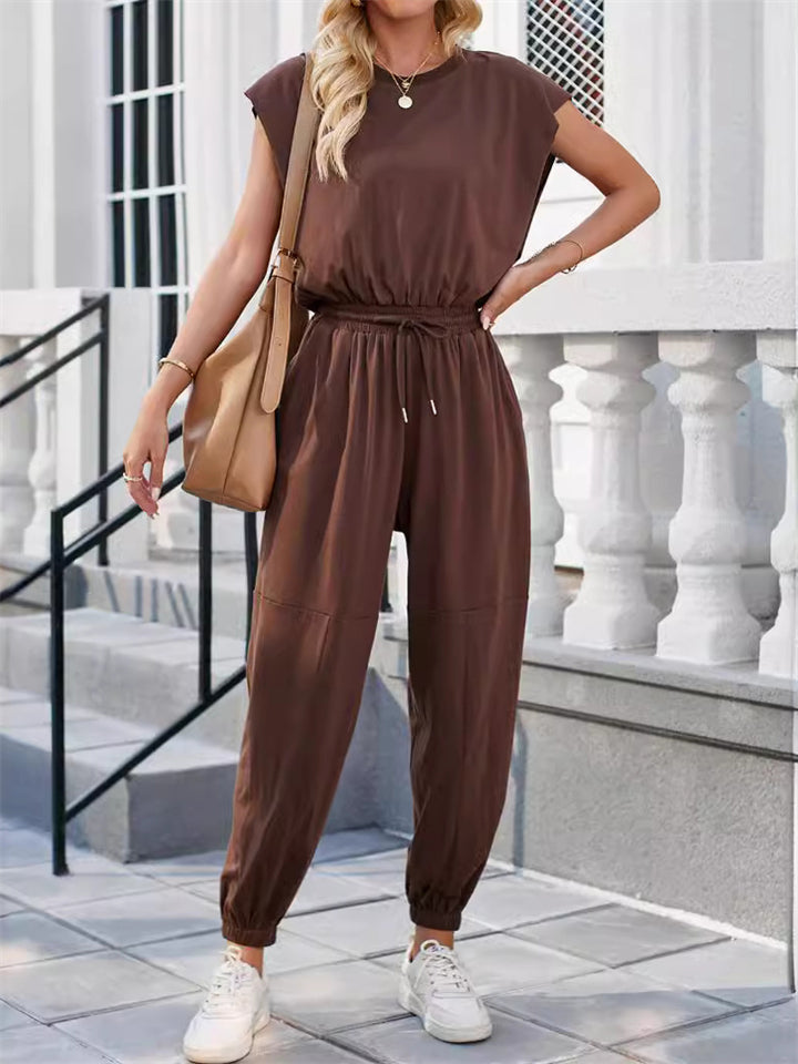 Women's Summer Casual Solid Color Round Neck Sleeveless Jumpsuits