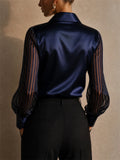 Women Satin Blouse Sheer Striped Mesh Sleeve Top