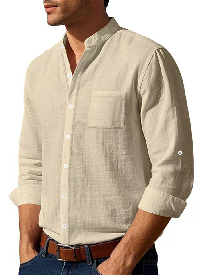 Men's Holiday Style Solid Color Stand Collar Long Sleeve Beach Shirts