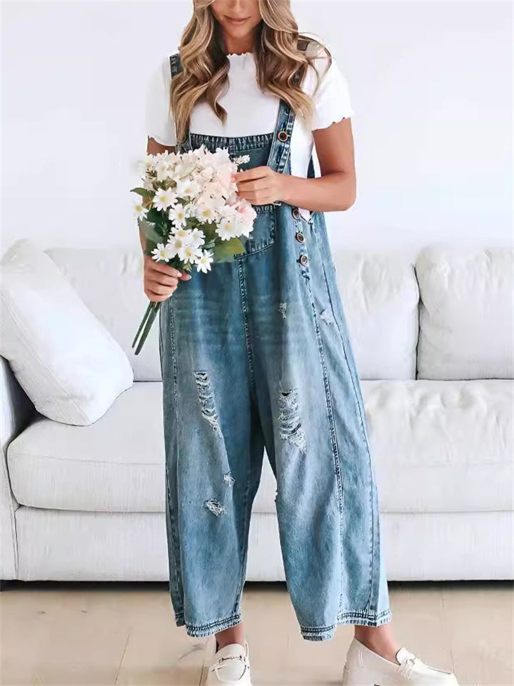 Female ClassicCasual Solid Color Ripped Denim Overall Jumpsuits