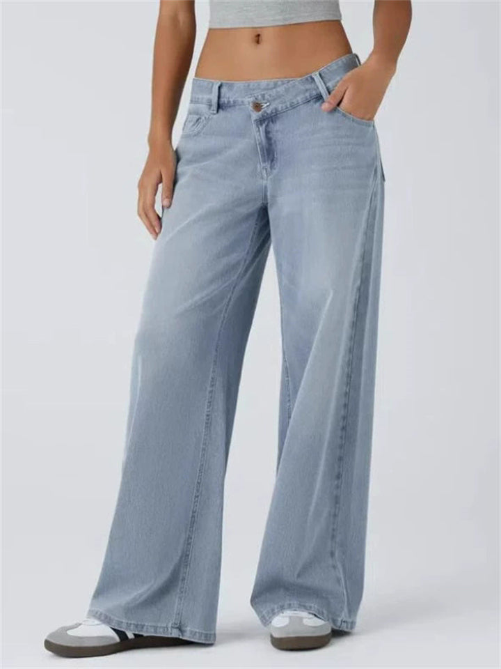 Women's Solid Color Criss-Cross Waist Wide Leg Denim Pants