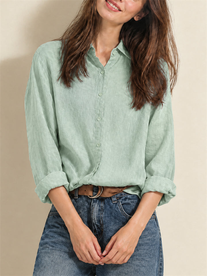 Women Casual Cotton Linen Button Down Long Sleeve Collared Shirt