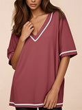 Summer Women's Contrast Color Casual V Neck T-shirts