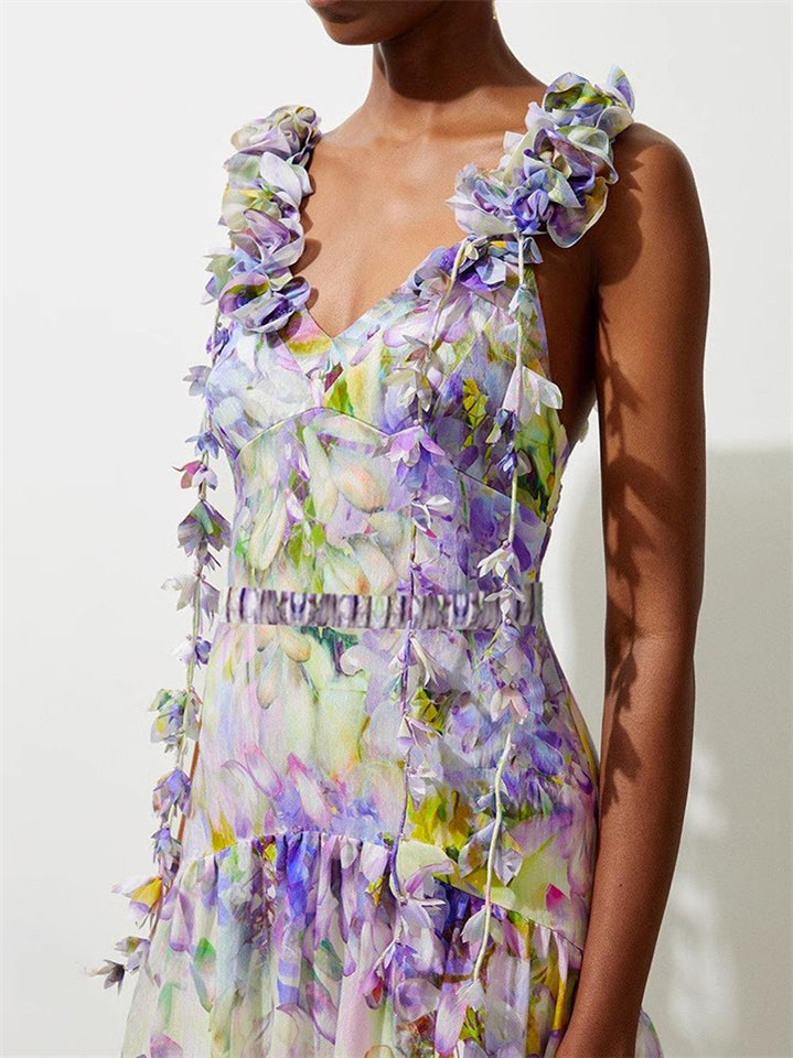 Women's French Style 3D Flower Strappy Swimsuit and Maxi Skirt Set