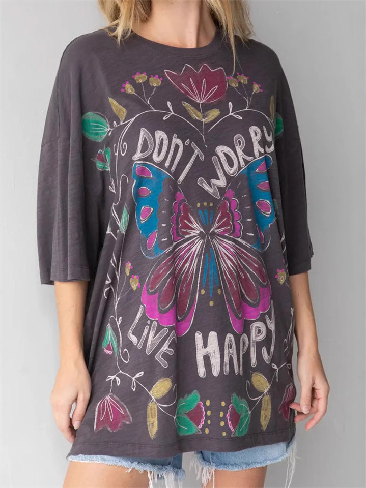 Women's Casual DON'T WORRY Butterfly Print Short Sleeve Shirt