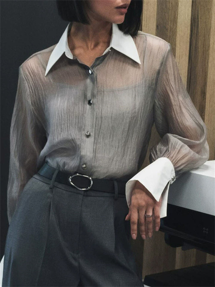 Women's Spring Chic Vintage Contrast Collar See-Through Blouses