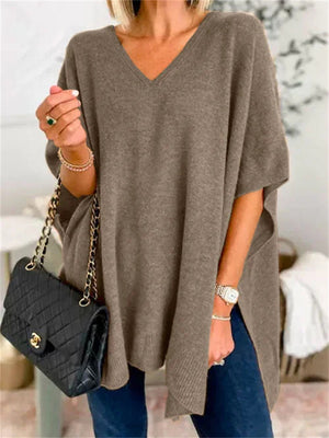 Chic V-neck Loose Knitted Poncho Sweater for Women