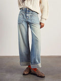 Female Loose Washed Button Trim Jeans with Pockets