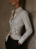 Women's Chic Striped Lace Corset Waist Button Down Blouse