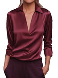 Women's Elegant Autumn Solid Color V Neck Long Sleeve Blouses
