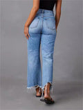 Street Ripped Holes Raw Edge Light Blue Jeans for Women