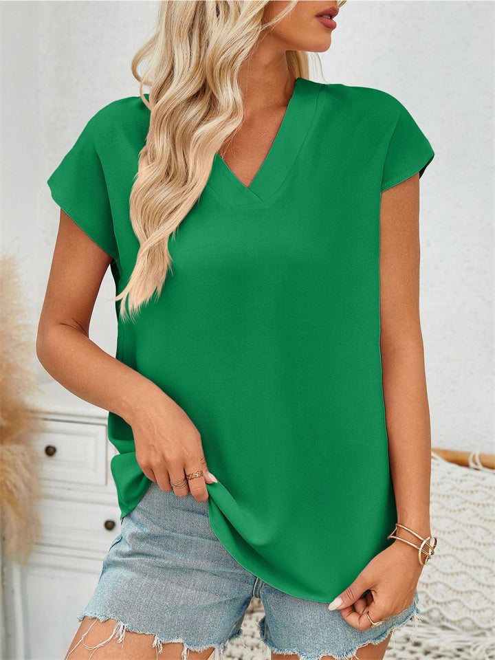 Women's Summer Solid Color V Neck BatWing Sleeve Shirts