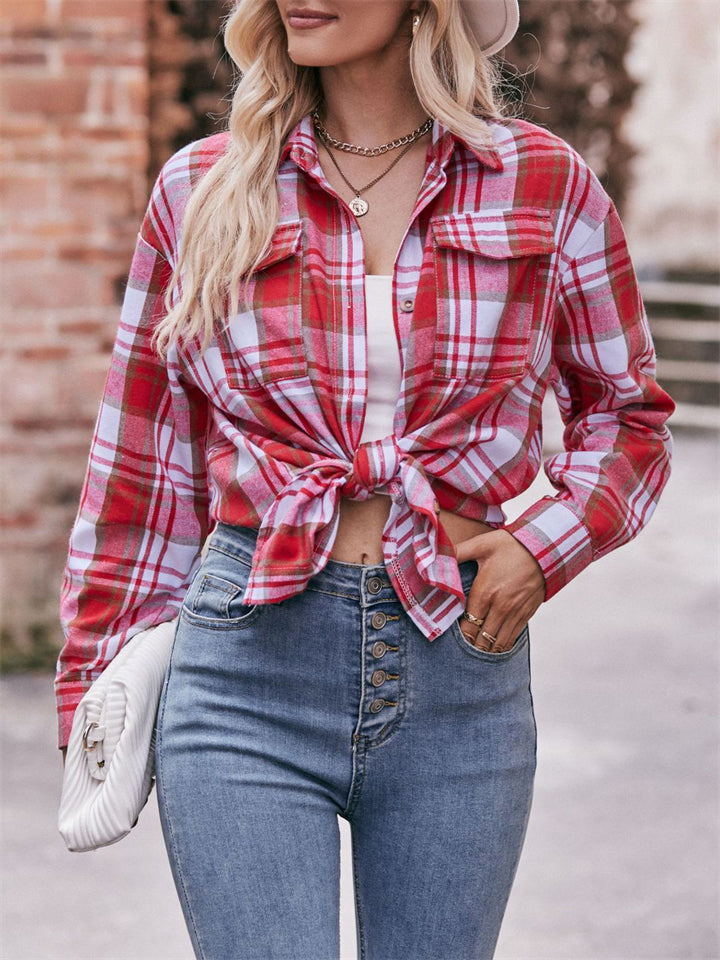 Vintage Fashion Plaid Lapel Oversize Long Sleeve Blouse for Lady