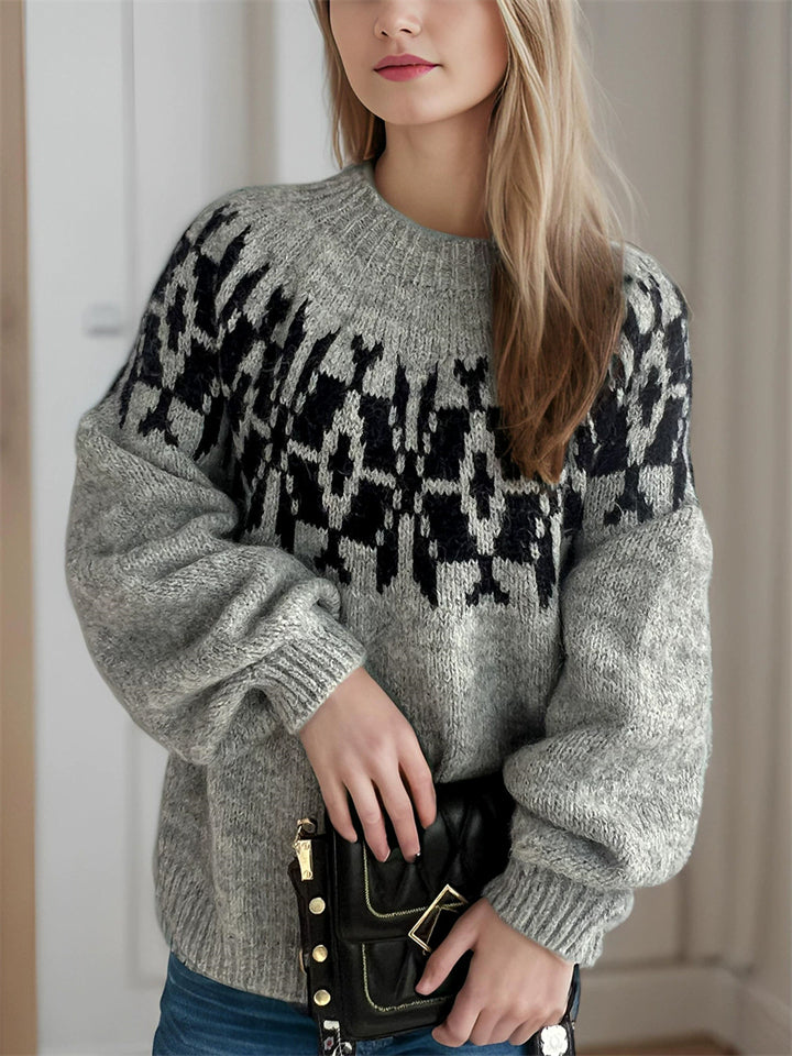 Women's Retro Jacquard Contrast Color Round Neck Long Sleeve Sweater