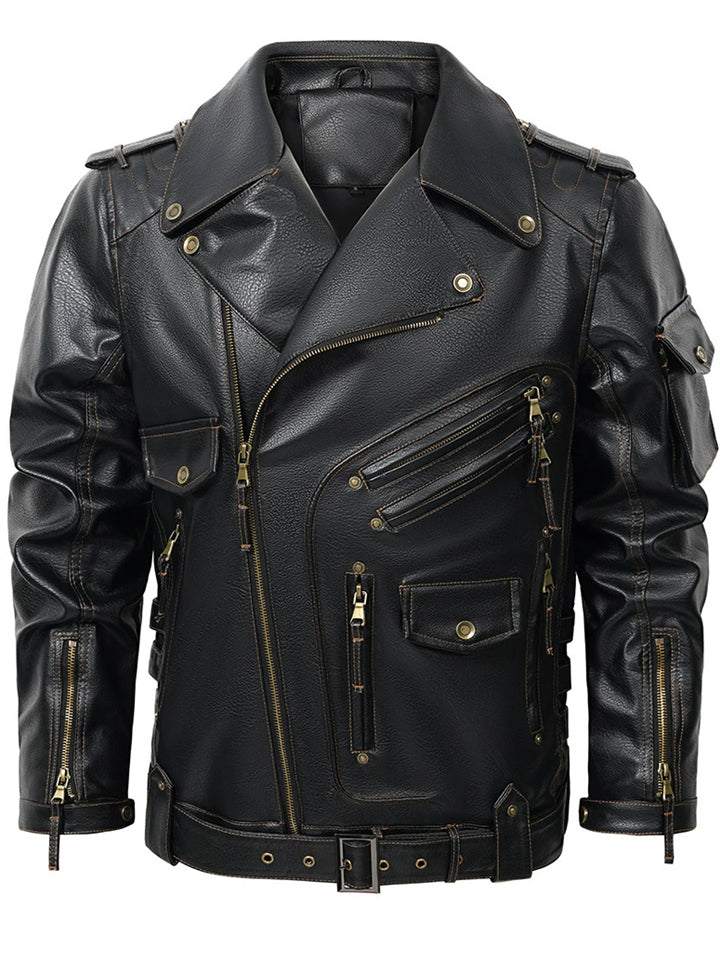 ‌Men's Punk Faux Leather Zippers Lapel Thermal Lined Biker Jackets