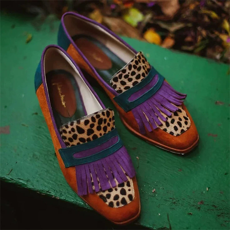 Women's Spring PU Leather Fringe Leopard Print Square Toe Flats Loafers