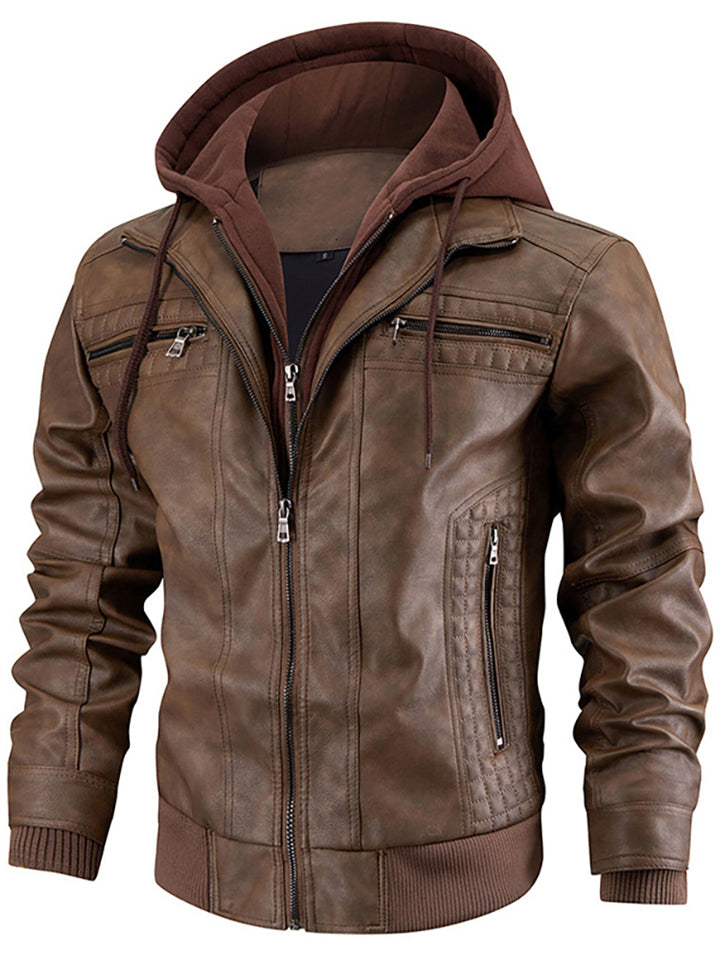Men's Retro Streetwear Faux Leather Drawstring Thermal Lined Hooded Coats