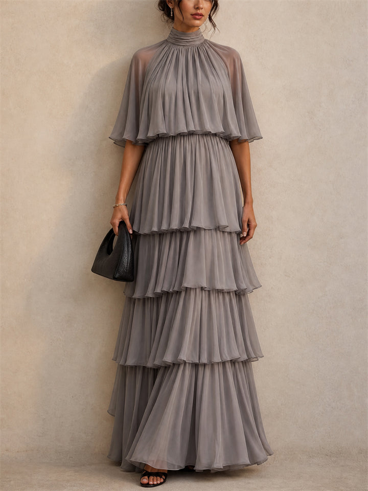 Womens Taupe High Neck Cape Pleated Tiered Evening Maxi Dress