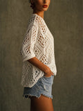 Women V Neck Crochet Knit Sweater Hollow Out Boho Beach Top