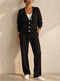 Women Button Up Knit Cardigan and Wide Leg Pants Two Piece Lounge Set
