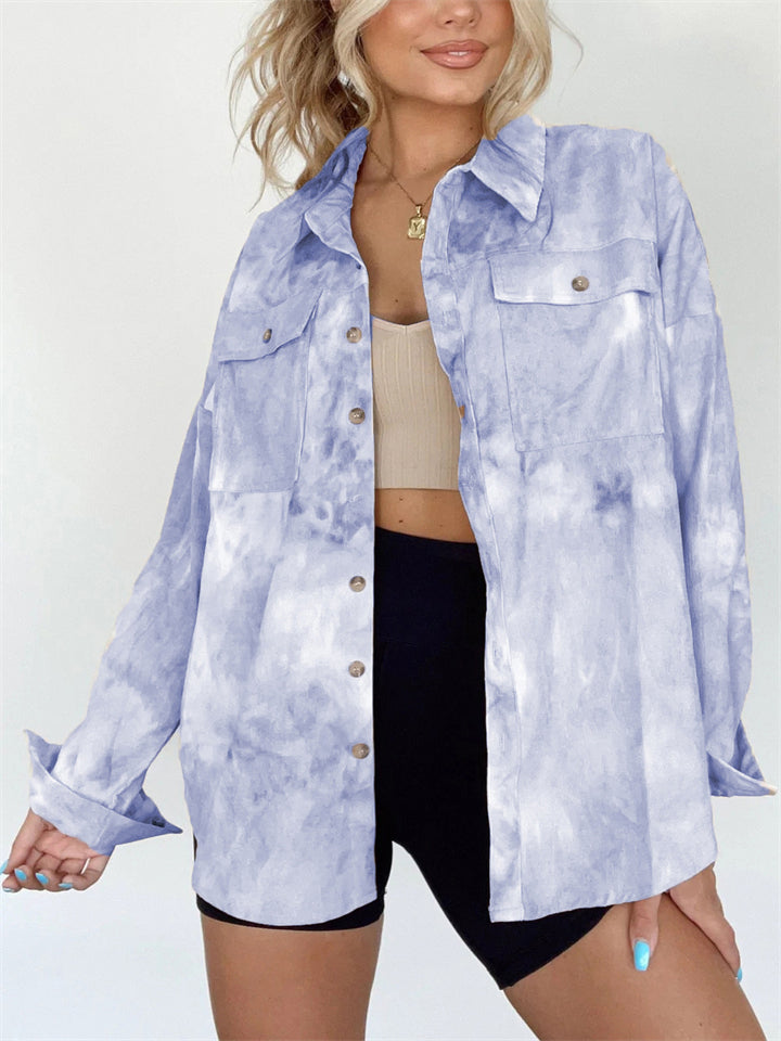 Women's Casual Tie-Dye Pockets Lapel Long Sleeve Blouses