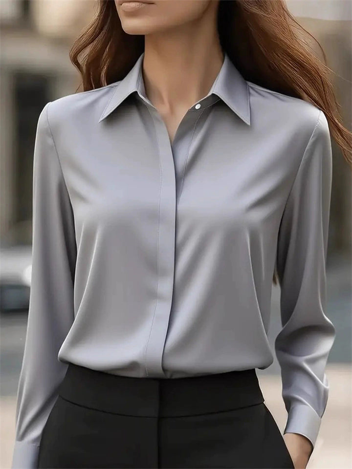 Ladies' Solid Color Lapel Button Up Long Sleeve Satin Blouses