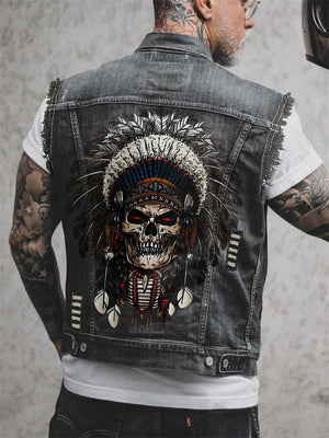 Tribal Style Chief Skull Print Men's Street Denim Vest
