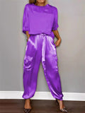 Women's 2Pcs Solid Color Short Sleeve Satin Round Neck Shirt & Pants Set