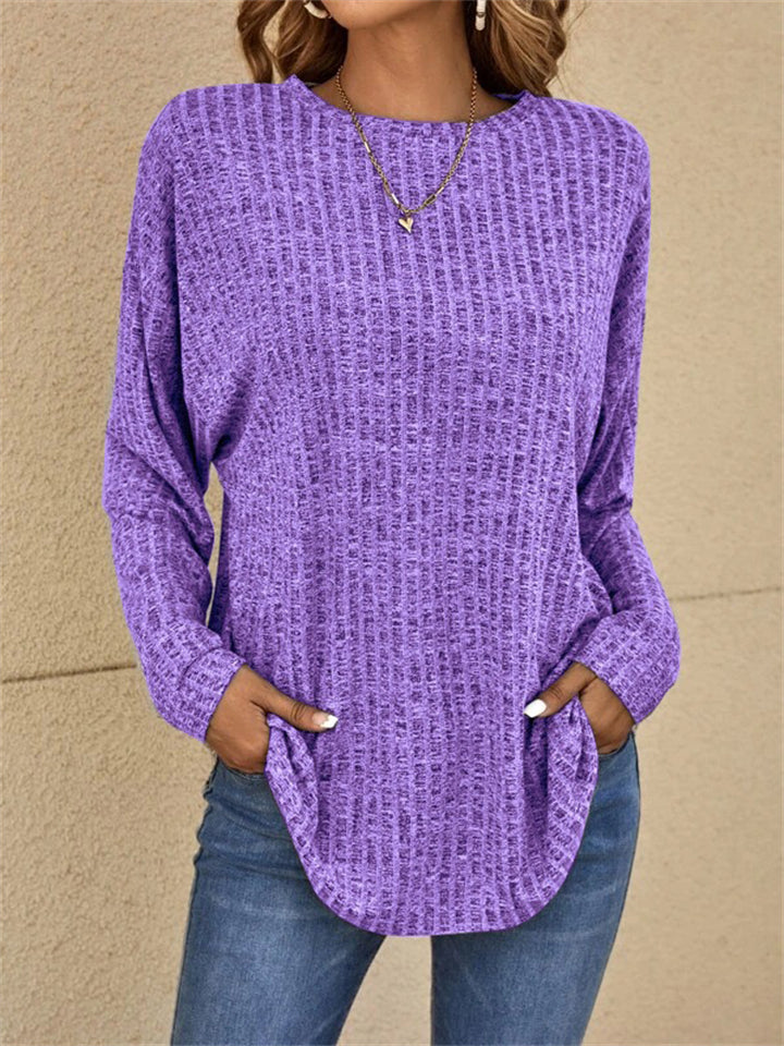 Autumn Knitted Round Neck Ribbed Long Sleeve Loose Tops