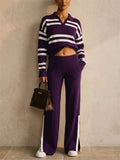 Women Striped 2 Piece Knit Polo Neck Wide Leg Slit Pants Set