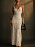 Women 3D Floral Backless Knitted Vacation Maxi Dress