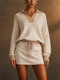 Women Striped Knit 2 Piece Set Polo Top and Mini Skirt