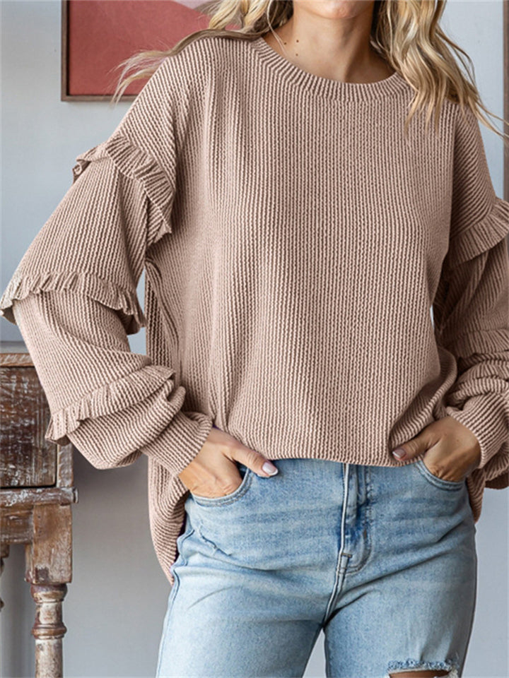 Women's Solid Color Round Neck Puffed Long Sleeve Shirts