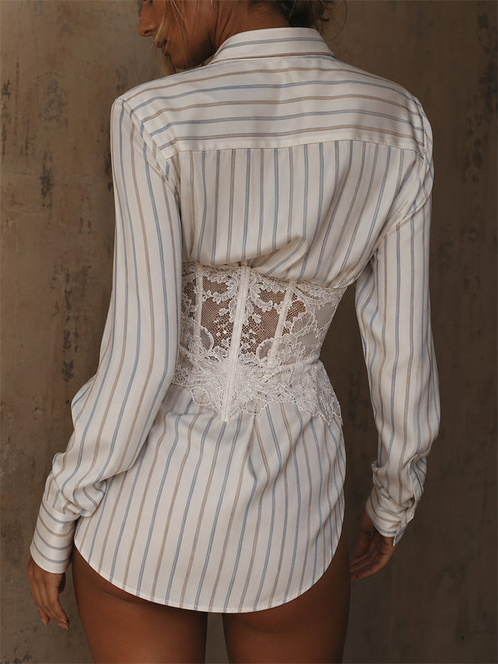 Women's Chic Striped Lace Corset Waist Button Down Blouse