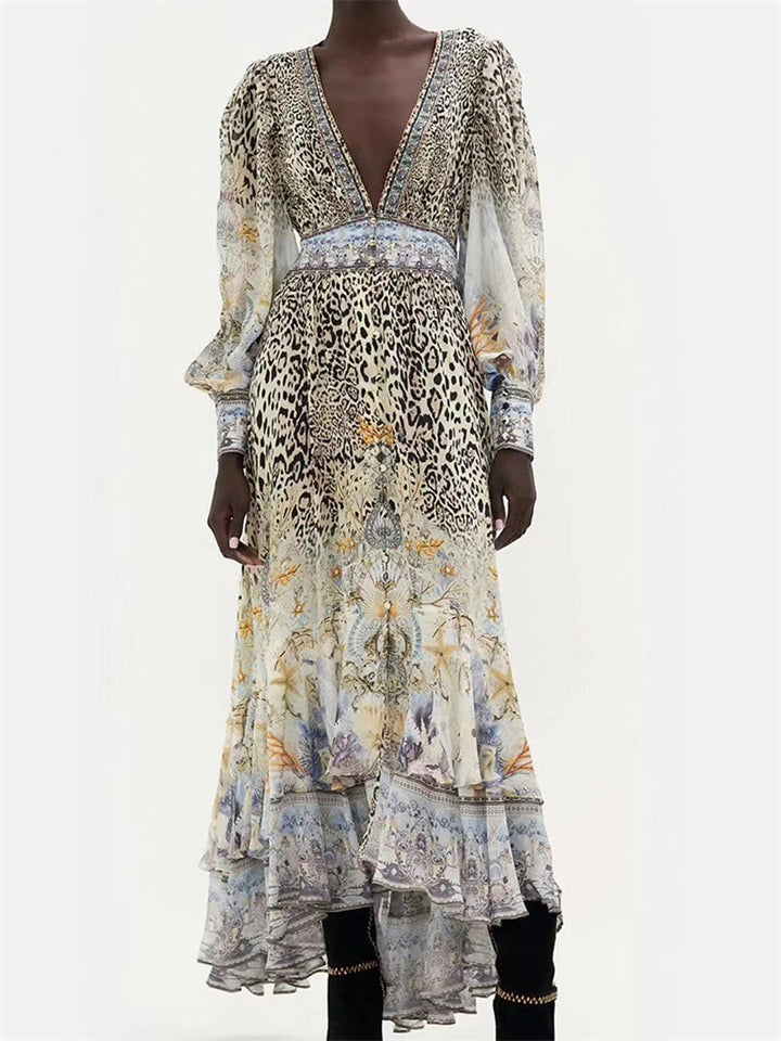 Women's Summer Long Sleeve V-Neck Leopard & Floral Print Maxi Dress