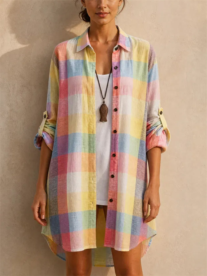 Women Buffalo Plaid Shirt Roll Tab Sleeve Long Tunic Blouse