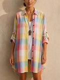 Women Buffalo Plaid Shirt Roll Tab Sleeve Long Tunic Blouse