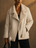 Womens Oversized Faux Shearling Aviator Biker Jacket with Zipper Pocket