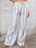 Women's Summer Stripe Pockets Drawstring Wide Leg Pants