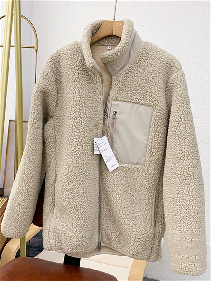 Unisex  Autumn Contrast Color Fleeced Long Sleeve High Neck Coat