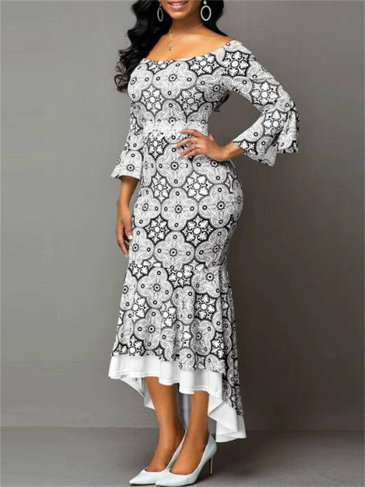 Women's Elegant Printed HIgh Waist Off-shoulder Asymmetric Hem Dress