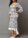 Women's Elegant Printed HIgh Waist Off-shoulder Asymmetric Hem Dress