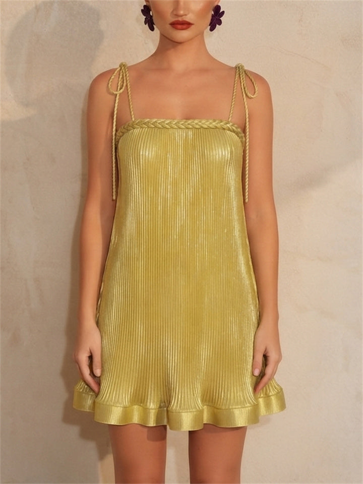 Women Gold Metallic Pleated Tie Shoulder Mini Party Dress